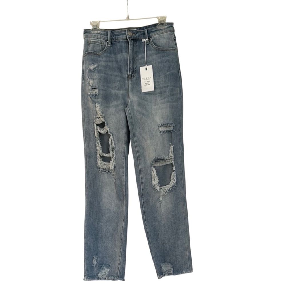 Risen Jeans Distressed Holes Raw Hem Straight Leg Light Wash 9/29